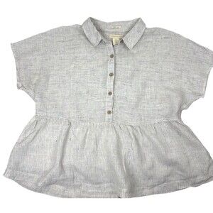 Catherine Malandrino 100% Linen Striped Peplum Button Top Neutral Casual Beach S